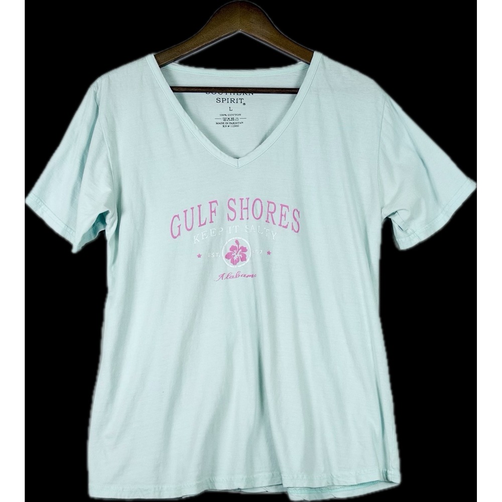 Southern Spirit Gulf Shores Alabama Light Blue V-Neck T-Shirt Women Size L